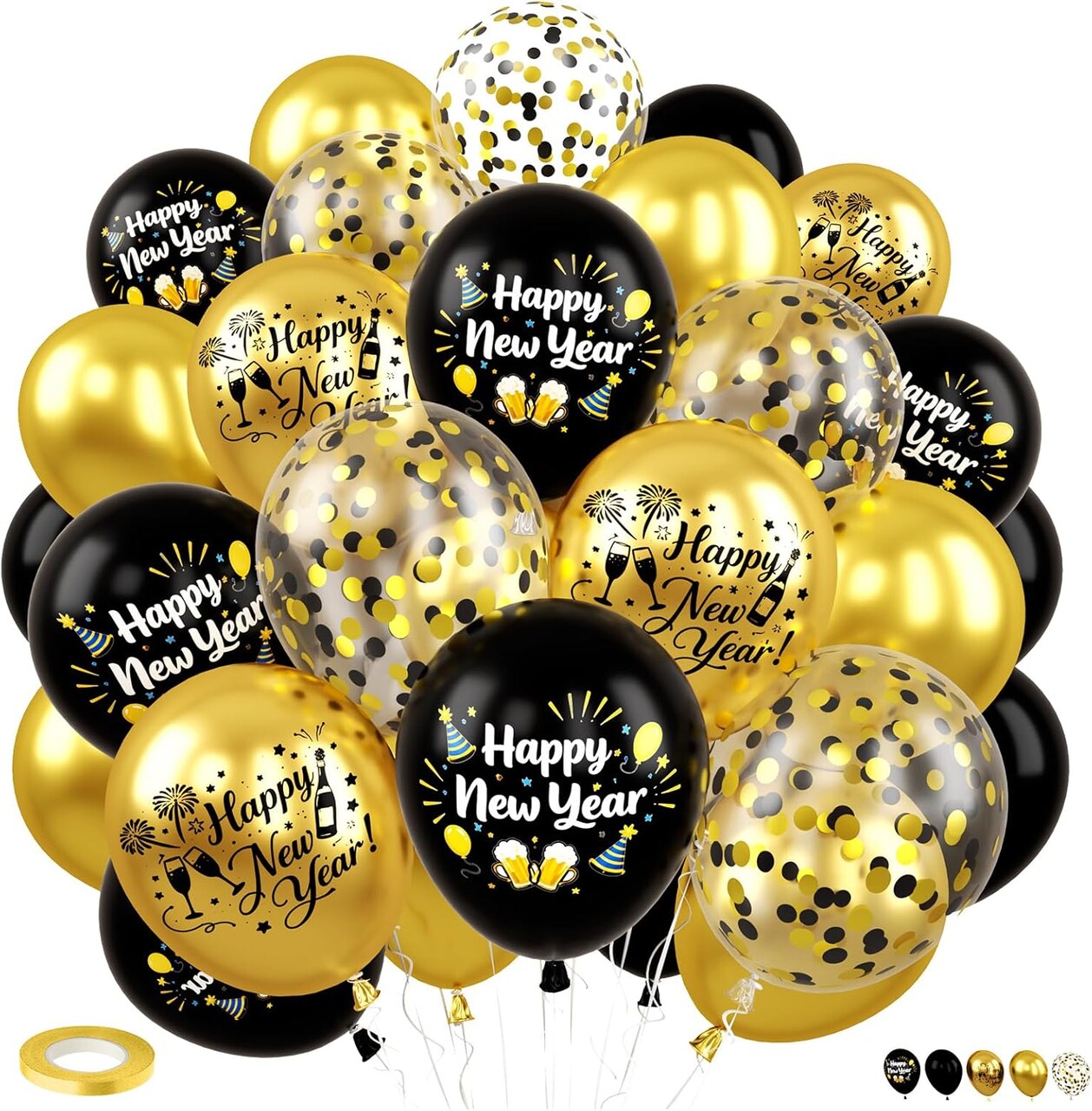 50-Piece 12-Inch 2026 Happy New Year Black & Gold Balloon Set – Confetti Latex Party Decorations for New Year, Graduation, Birthday & Events